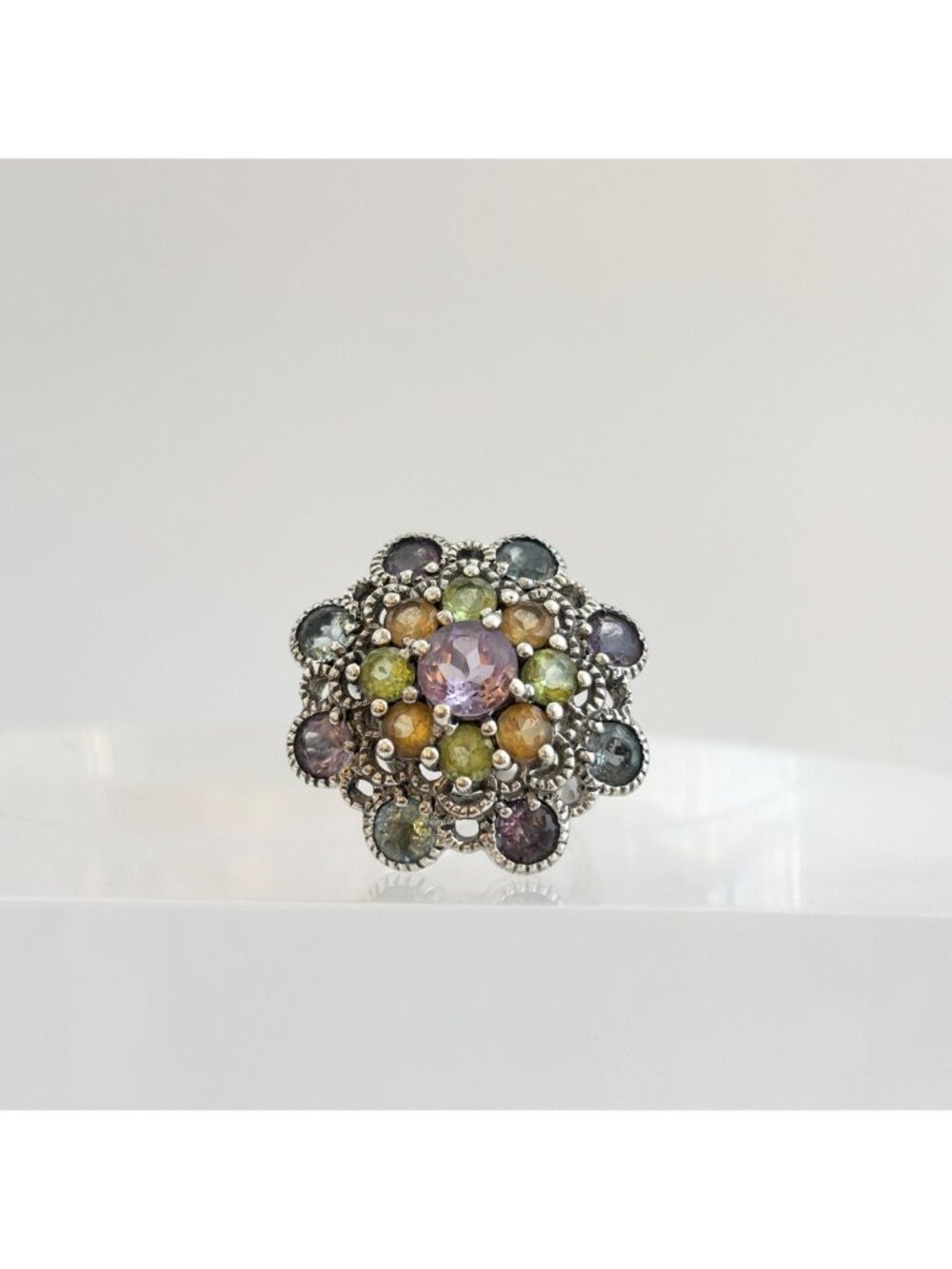Cluster Rainbow Gemstone Blooming Flower Sterling Silver 925 Vintage Ring - sz 6 - Picture 15 of 16